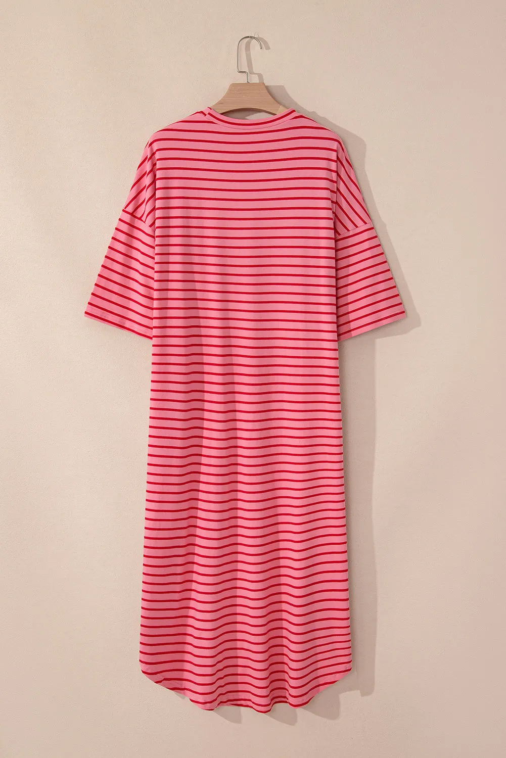 Striped Shift T-Shirt Dress with 3/4 Sleeves and Round Hem