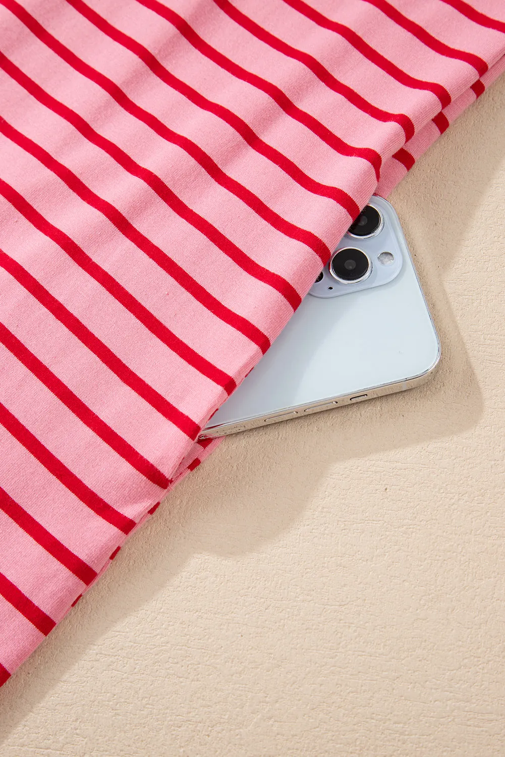 Striped Shift T-Shirt Dress with 3/4 Sleeves and Round Hem