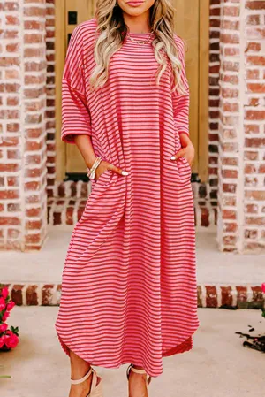 Striped Shift T-Shirt Dress with 3/4 Sleeves and Round Hem