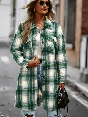 Stylish Plaid Longline Jacket with Pockets