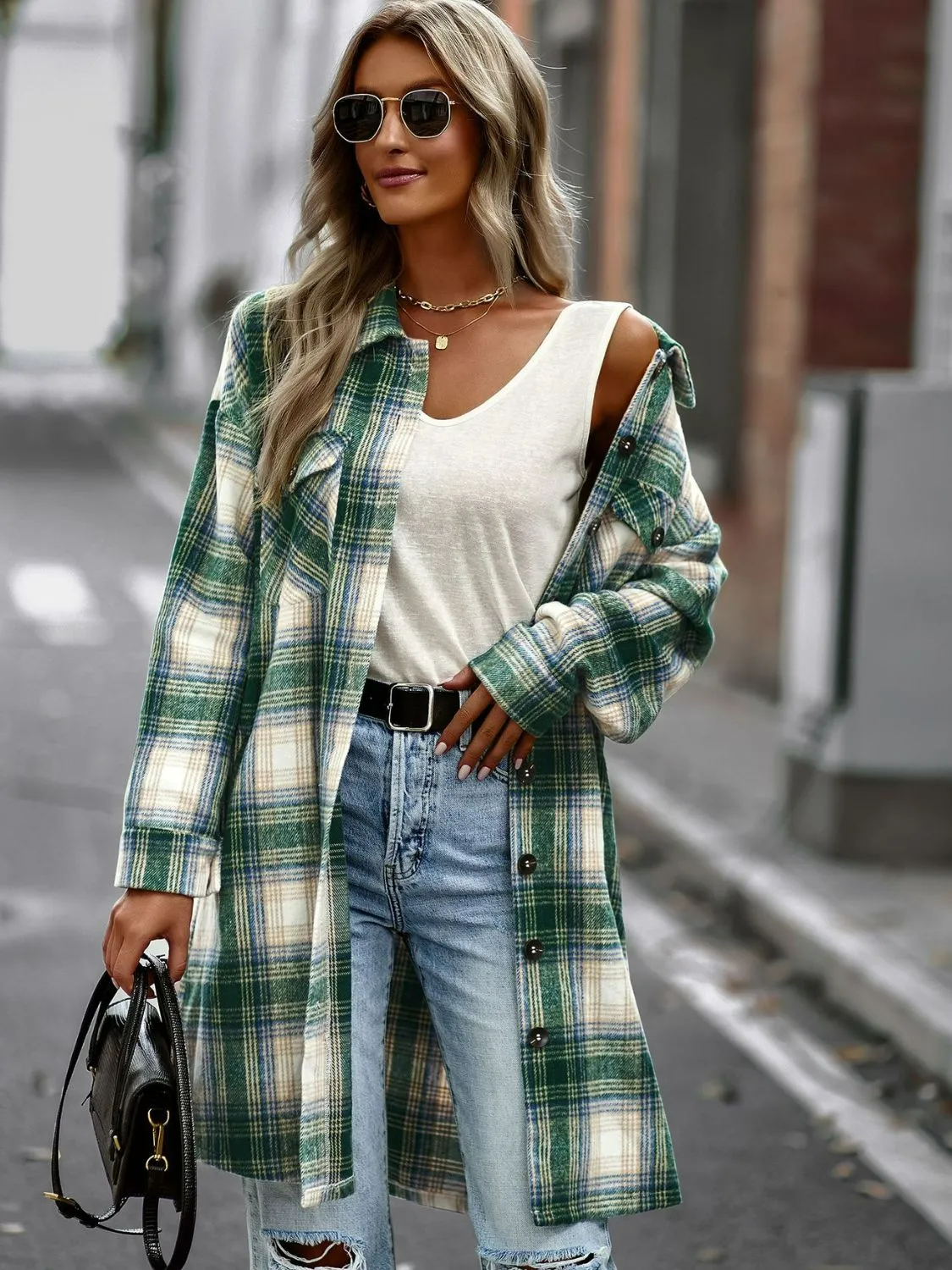 Stylish Plaid Longline Jacket with Pockets