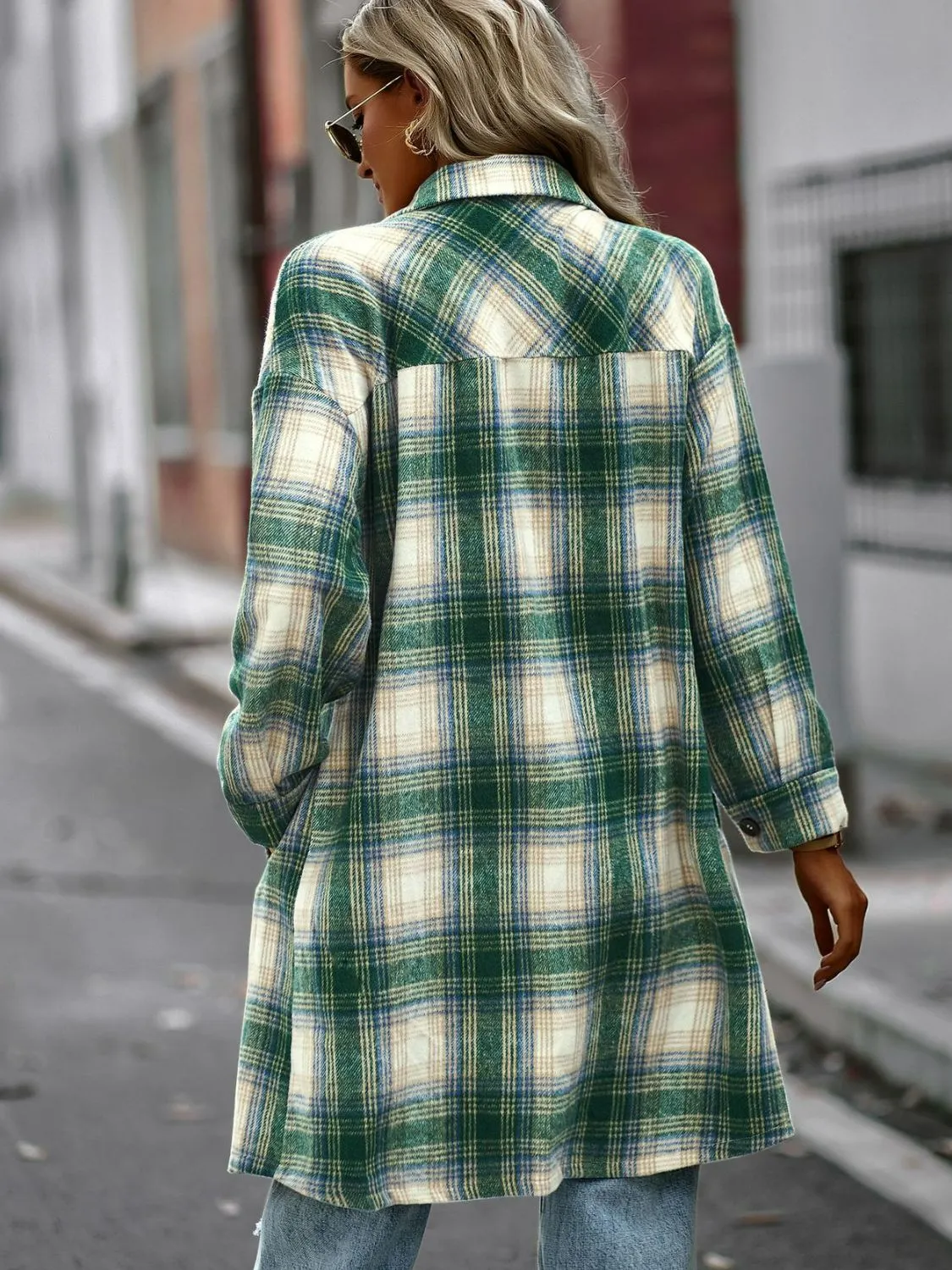Stylish Plaid Longline Jacket with Pockets