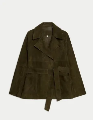 Suede Belted Revere Collar Trench Coat