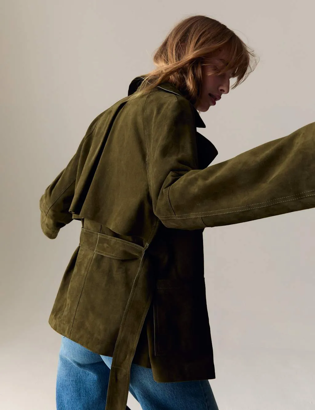 Suede Belted Revere Collar Trench Coat