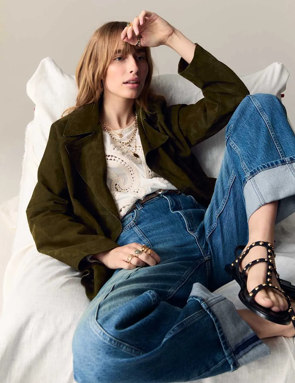 Suede Belted Revere Collar Trench Coat