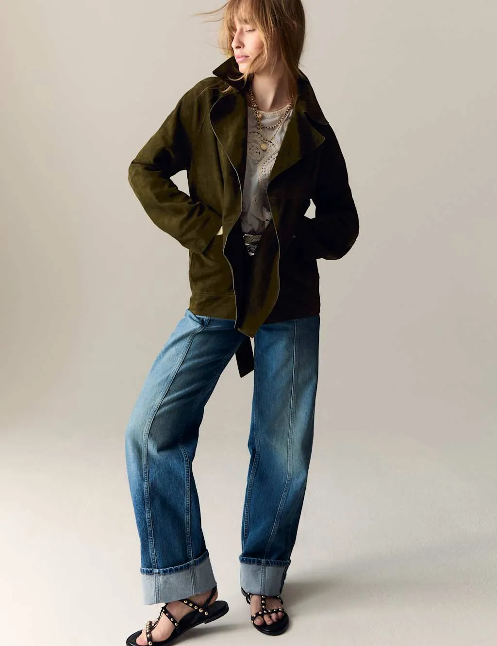 Suede Belted Revere Collar Trench Coat