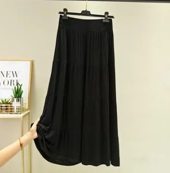 Summer Autumn Women Long A Line Skirts Solid Elastic High Waist Modal Skirt