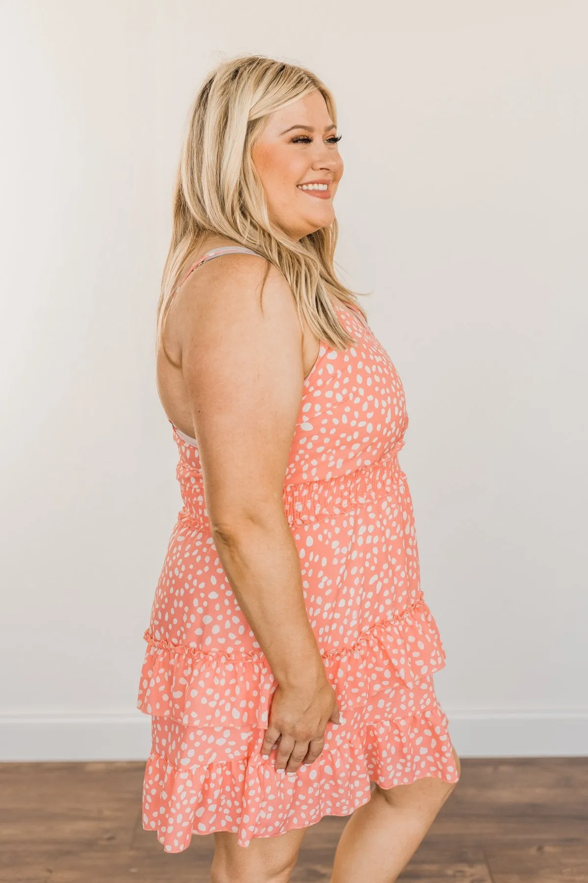 Sunkissed Skies Spotted Ruffle Dress- Vibrant Peach