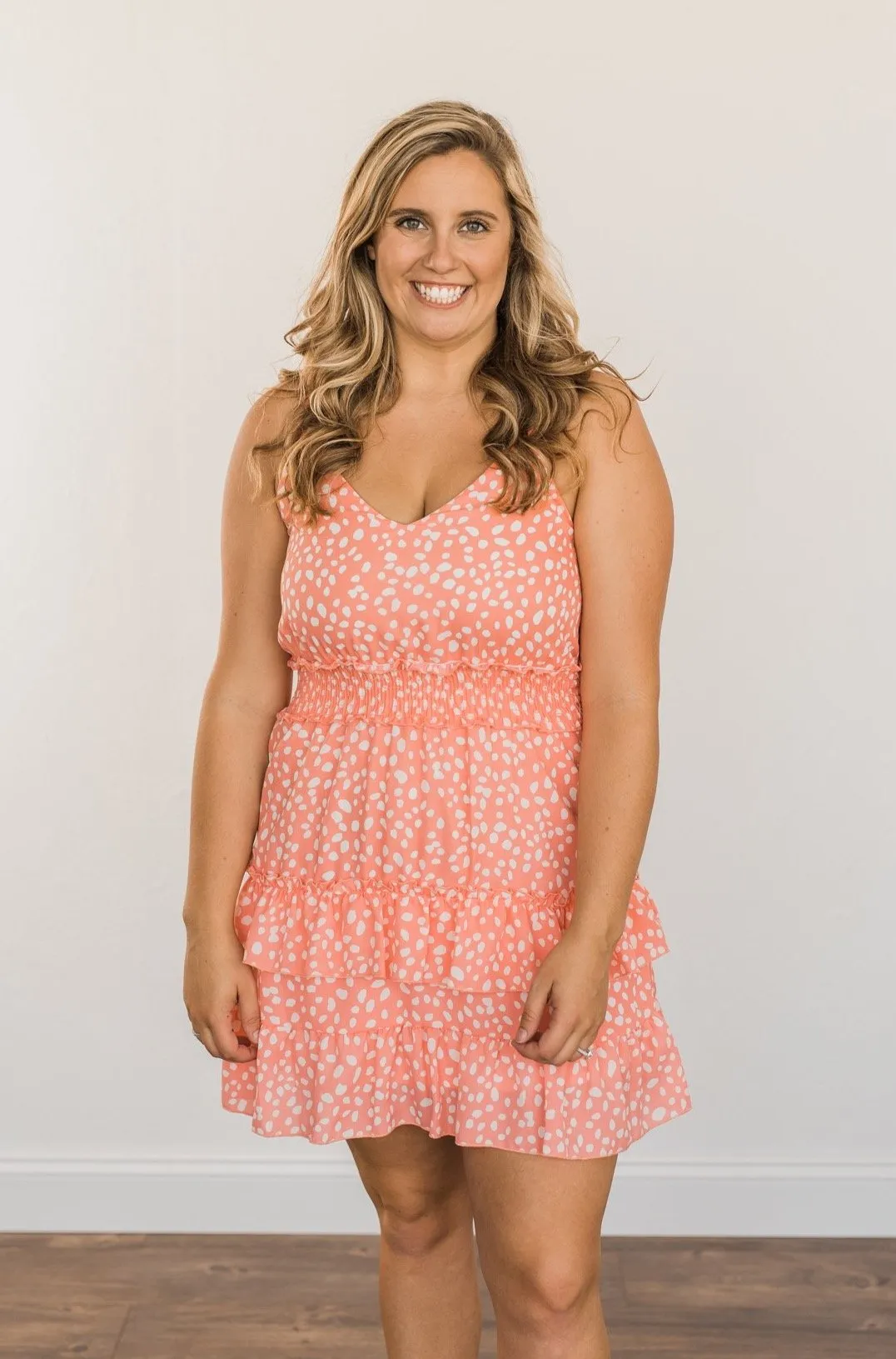 Sunkissed Skies Spotted Ruffle Dress- Vibrant Peach