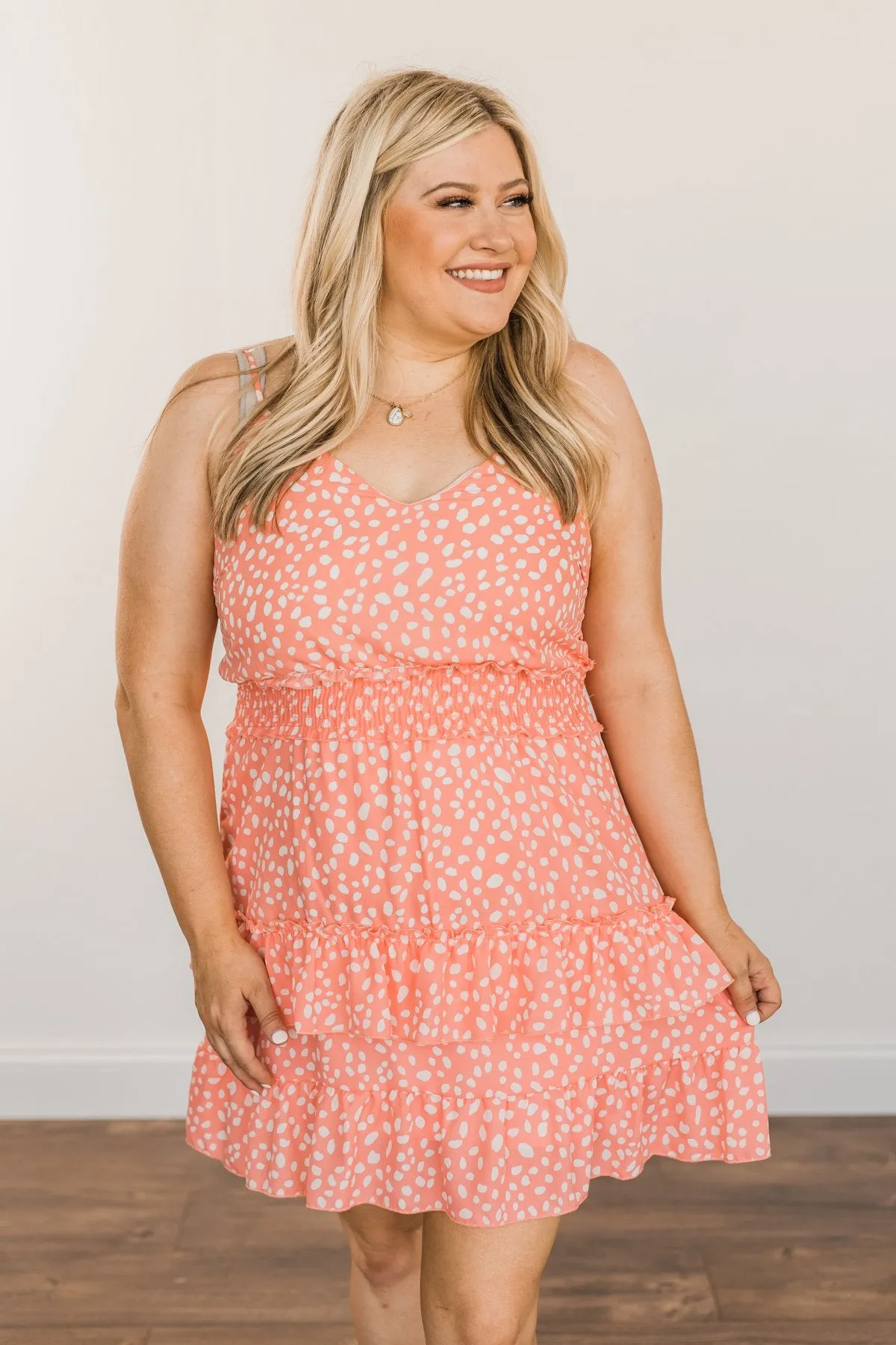 Sunkissed Skies Spotted Ruffle Dress- Vibrant Peach