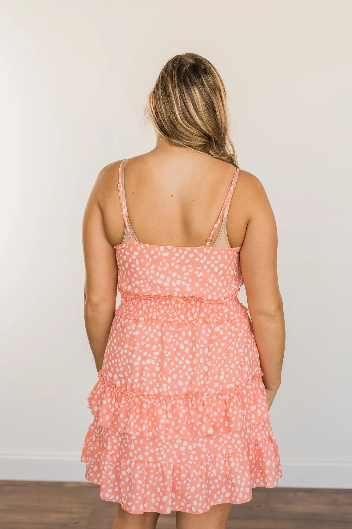 Sunkissed Skies Spotted Ruffle Dress- Vibrant Peach