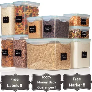 TALL WIDE DEEP Food Storage Containers - Sugar, Flour Plastic Containers 20 pc (set of 10) - 18 FREE Chalkboard labels & Marker - Airtight, Leakproof, BPA Free - Microwave, Freezer & Dishwasher Safe