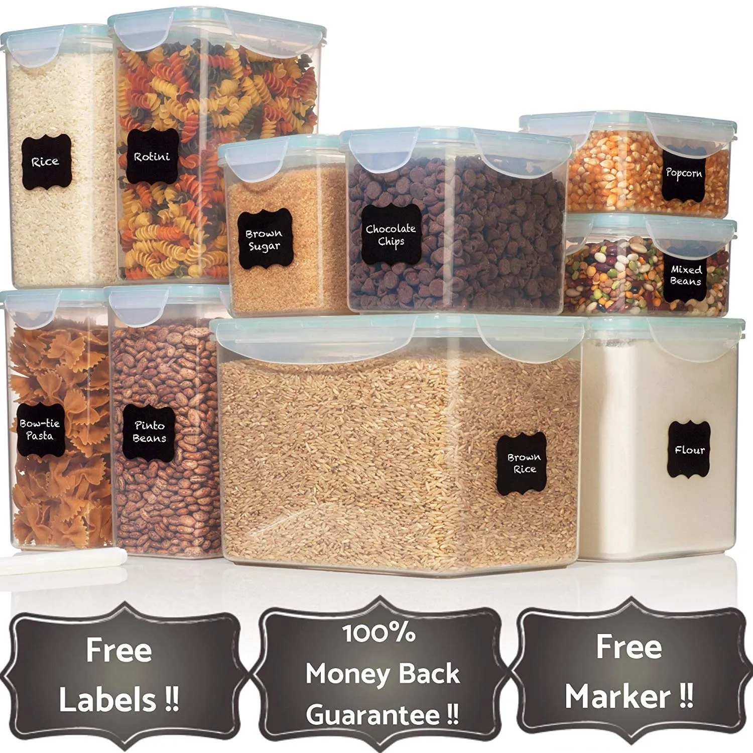 TALL WIDE DEEP Food Storage Containers - Sugar, Flour Plastic Containers 20 pc (set of 10) - 18 FREE Chalkboard labels & Marker - Airtight, Leakproof, BPA Free - Microwave, Freezer & Dishwasher Safe