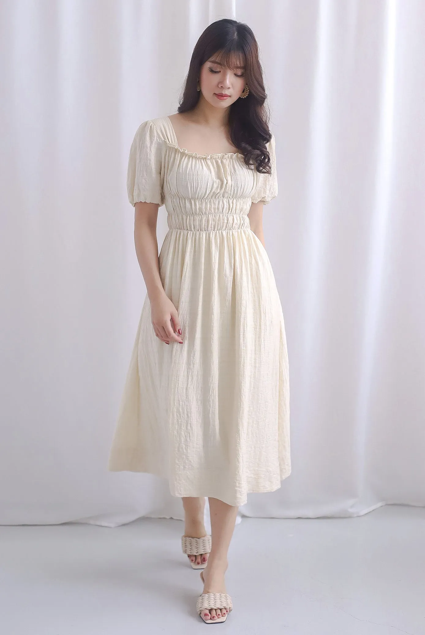 TDC Nicolette Rich Waist Midi Dress In Ecru