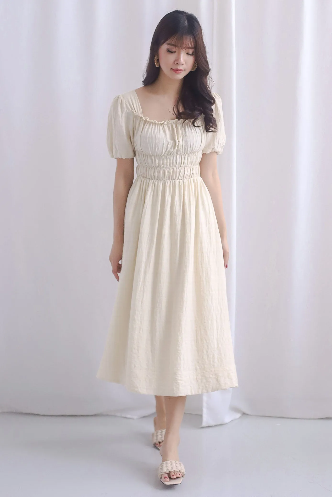 TDC Nicolette Rich Waist Midi Dress In Ecru