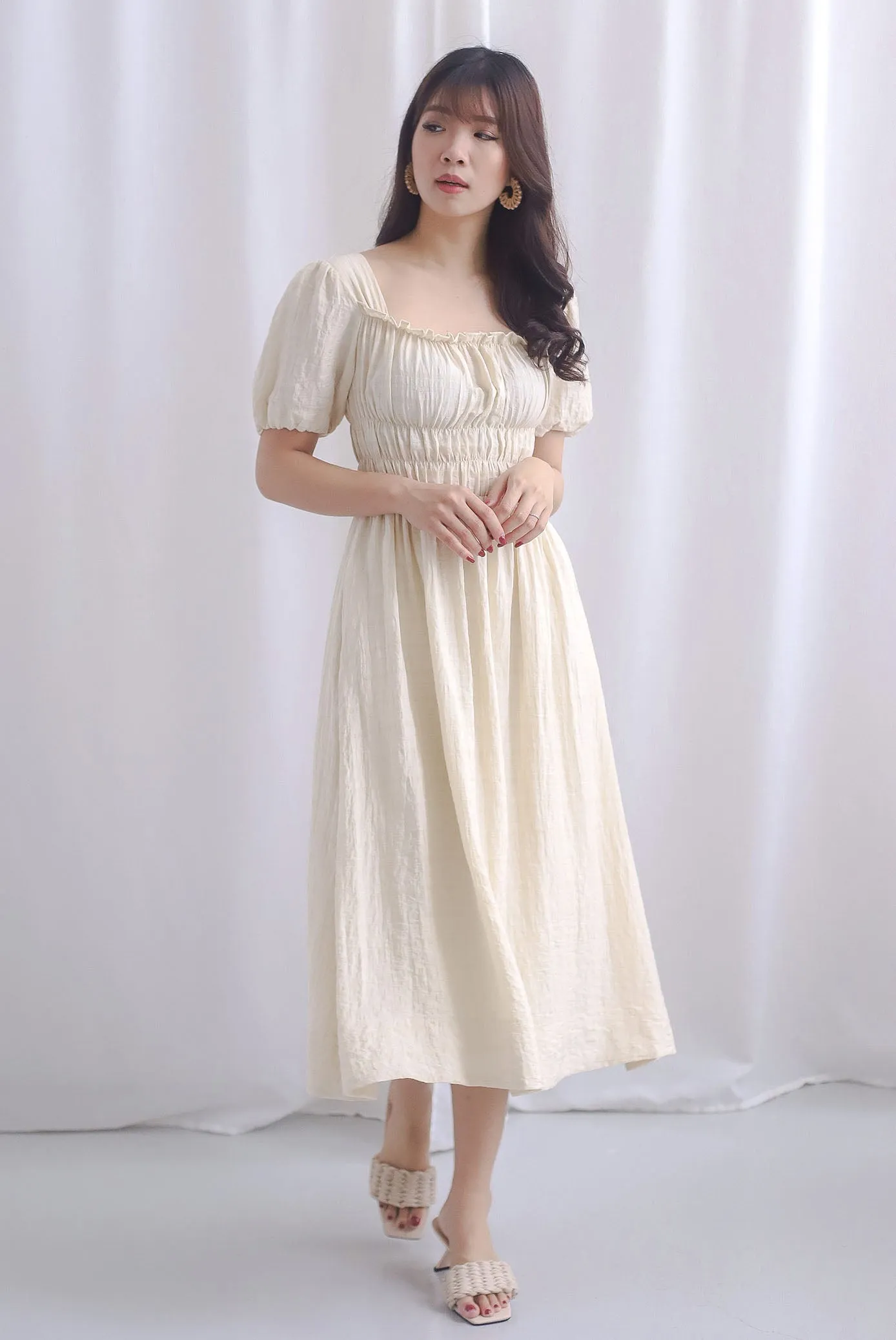 TDC Nicolette Rich Waist Midi Dress In Ecru