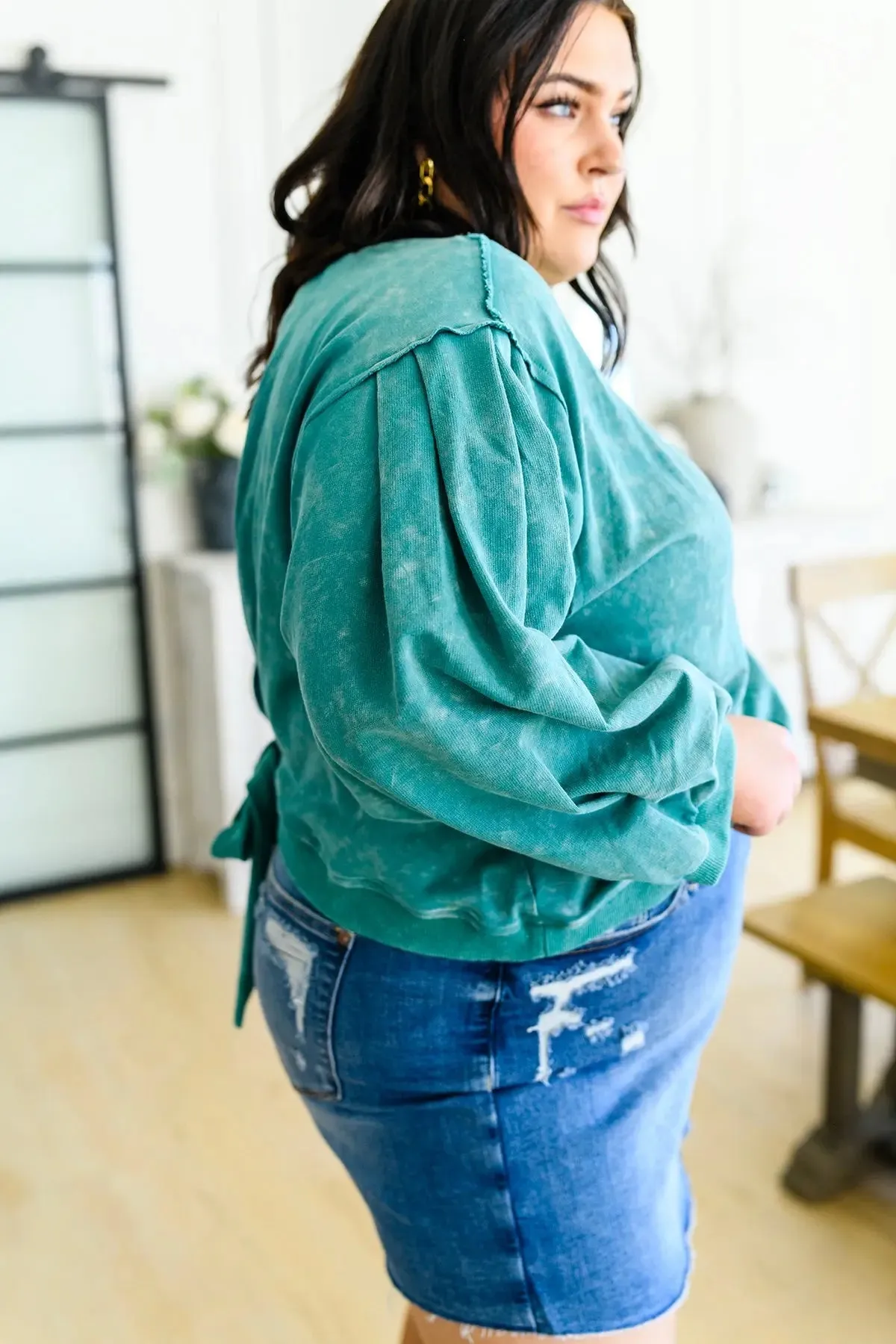Tied Up In Cuteness Mineral Wash Sweater in Teal