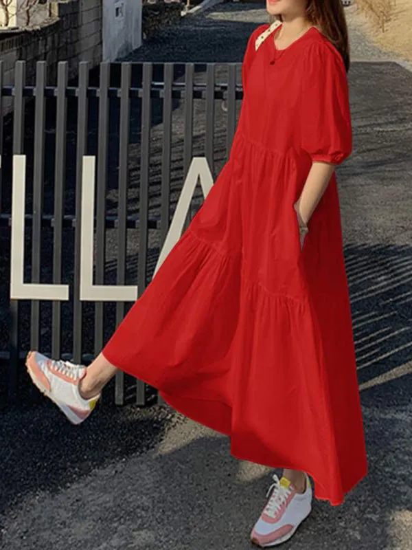 Tiered A-line Maxi Dress with Round Neck