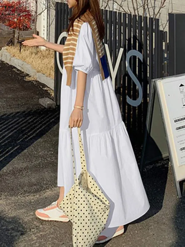 Tiered A-line Maxi Dress with Round Neck