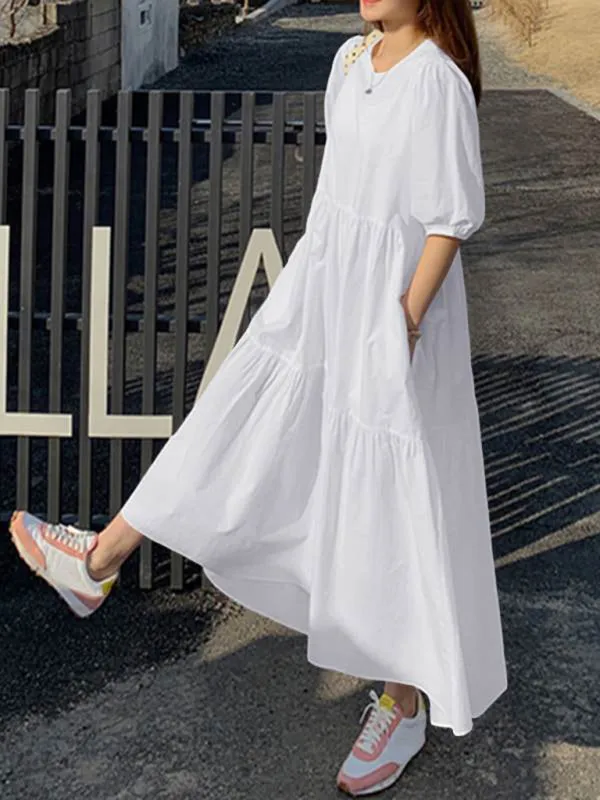 Tiered A-line Maxi Dress with Round Neck