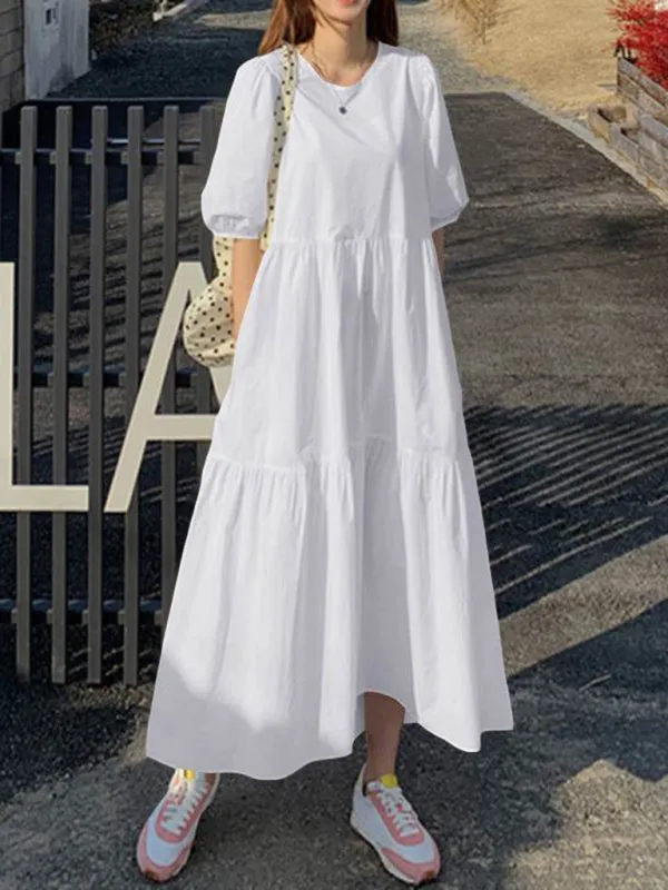 Tiered A-line Maxi Dress with Round Neck