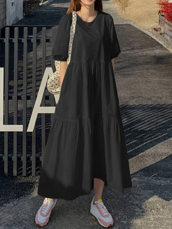 Tiered A-line Maxi Dress with Round Neck
