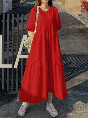 Tiered A-line Maxi Dress with Round Neck