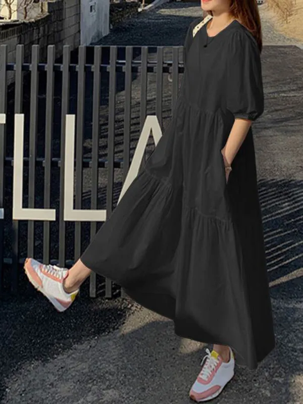 Tiered A-line Maxi Dress with Round Neck