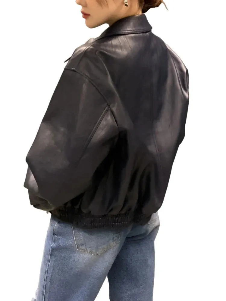 Trench Leather Jackets Women Streetwear Moto Biker Zipper Leather Jacket Casual High Street Cropped Leather Coats