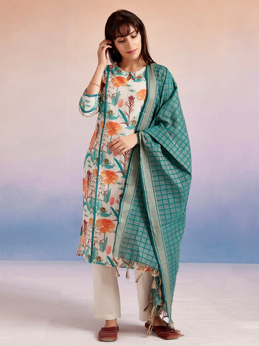 Turquoise Floral Cotton Straight Kurta Set With Dupatta