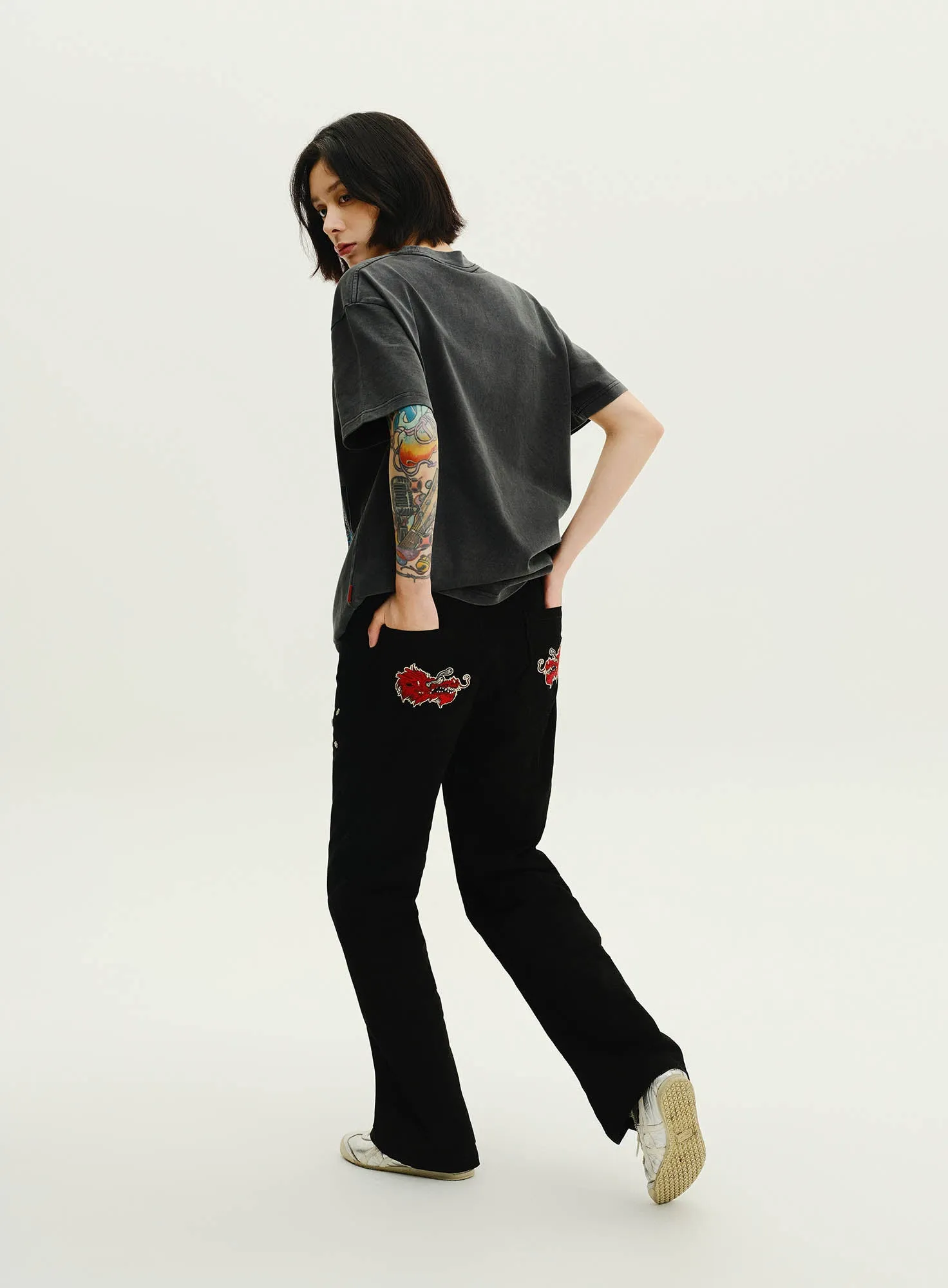 UnDeR20 SS25 Dragon Sakura Flared Wide-Leg Pants