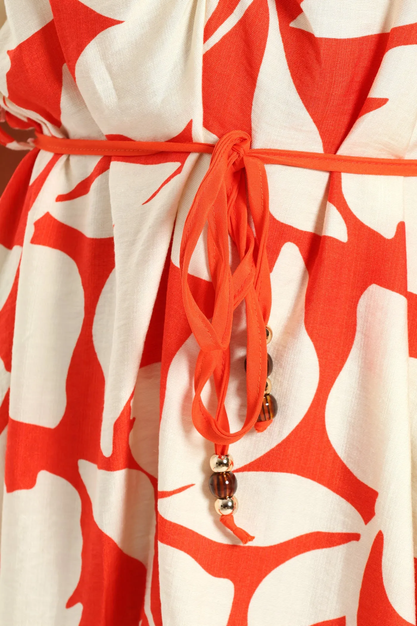 V-Neck Bubble Sleeve Belted Shift Dress - Mid Orange