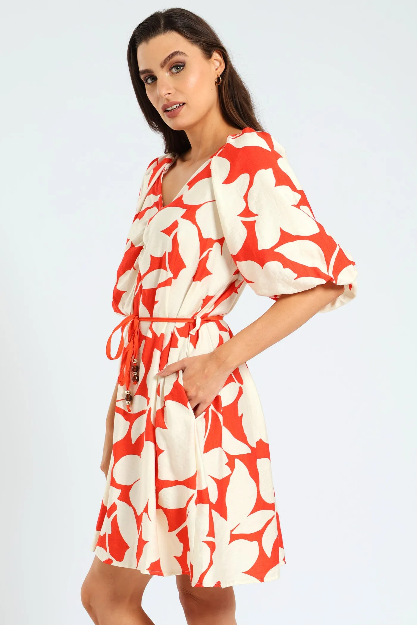 V-Neck Bubble Sleeve Belted Shift Dress - Mid Orange