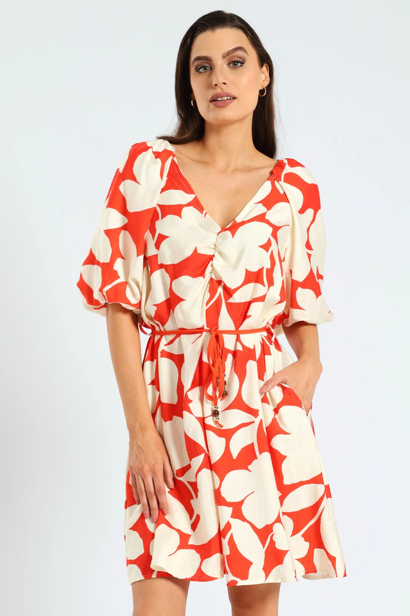 V-Neck Bubble Sleeve Belted Shift Dress - Mid Orange