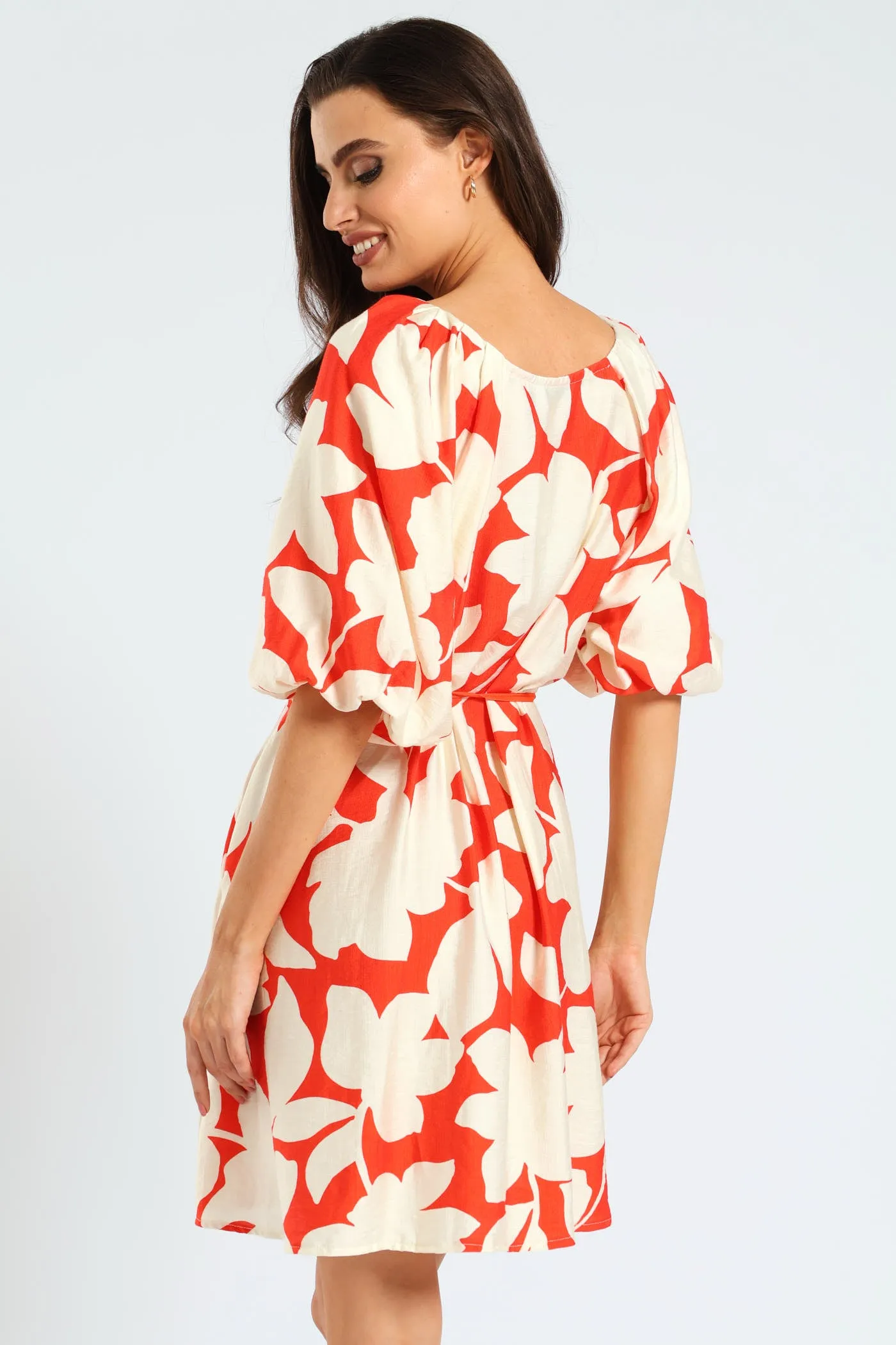 V-Neck Bubble Sleeve Belted Shift Dress - Mid Orange