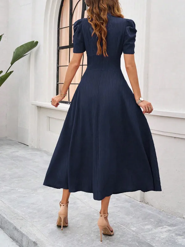 V-Neck Midi Dress with Puff Sleeves and Ruched Waist