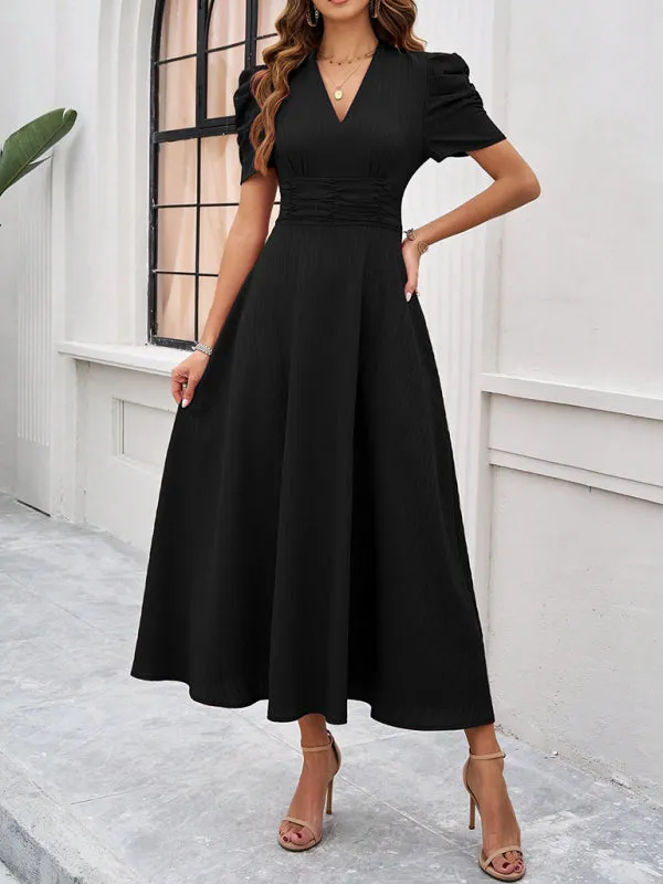 V-Neck Midi Dress with Puff Sleeves and Ruched Waist