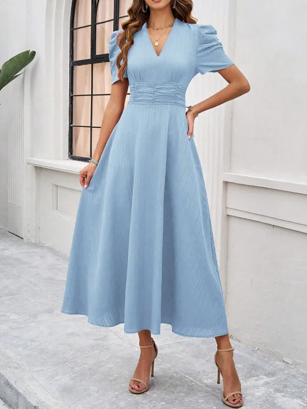 V-Neck Midi Dress with Puff Sleeves and Ruched Waist