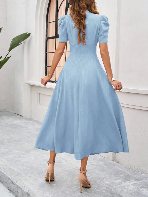 V-Neck Midi Dress with Puff Sleeves and Ruched Waist
