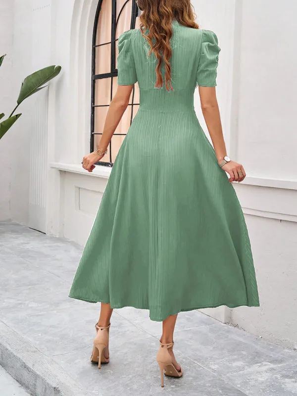 V-Neck Midi Dress with Puff Sleeves and Ruched Waist