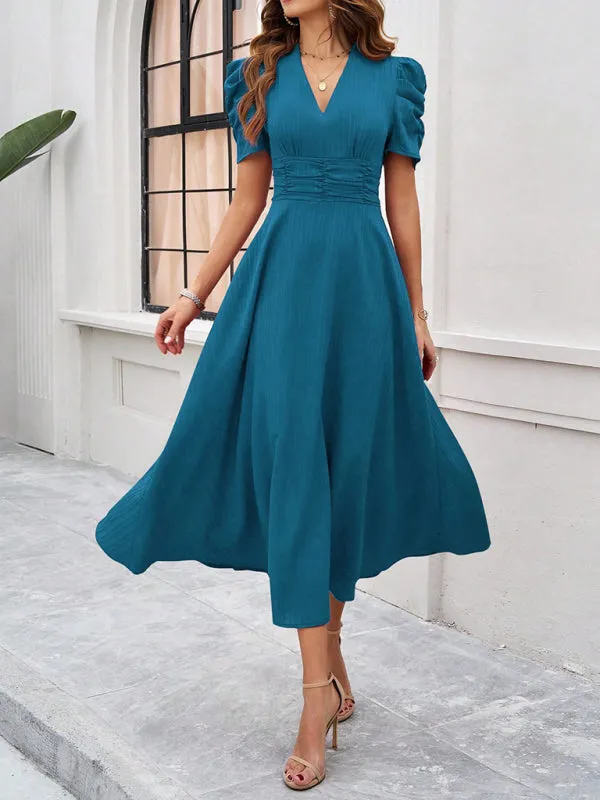 V-Neck Midi Dress with Puff Sleeves and Ruched Waist