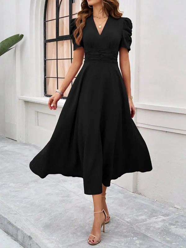 V-Neck Midi Dress with Puff Sleeves and Ruched Waist