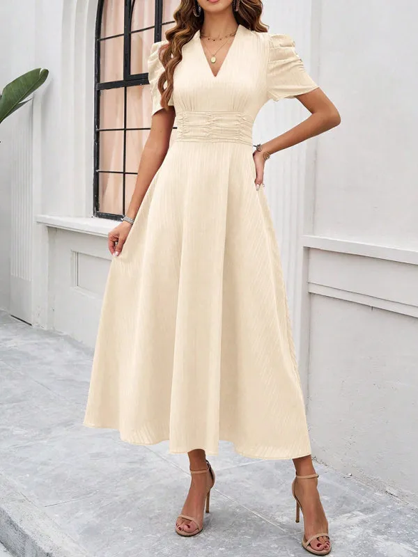 V-Neck Midi Dress with Puff Sleeves and Ruched Waist
