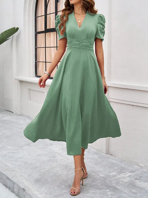 V-Neck Midi Dress with Puff Sleeves and Ruched Waist