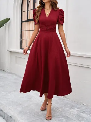 V-Neck Midi Dress with Puff Sleeves and Ruched Waist