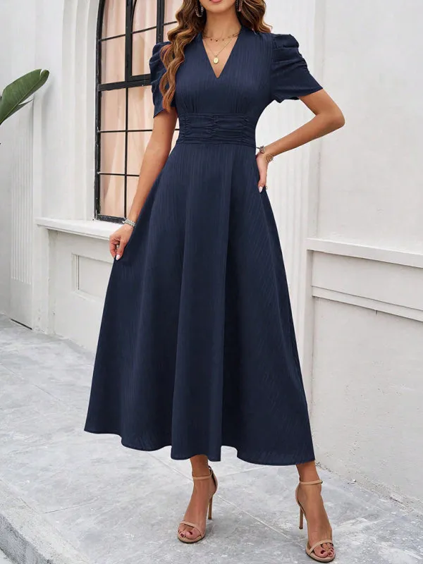V-Neck Midi Dress with Puff Sleeves and Ruched Waist