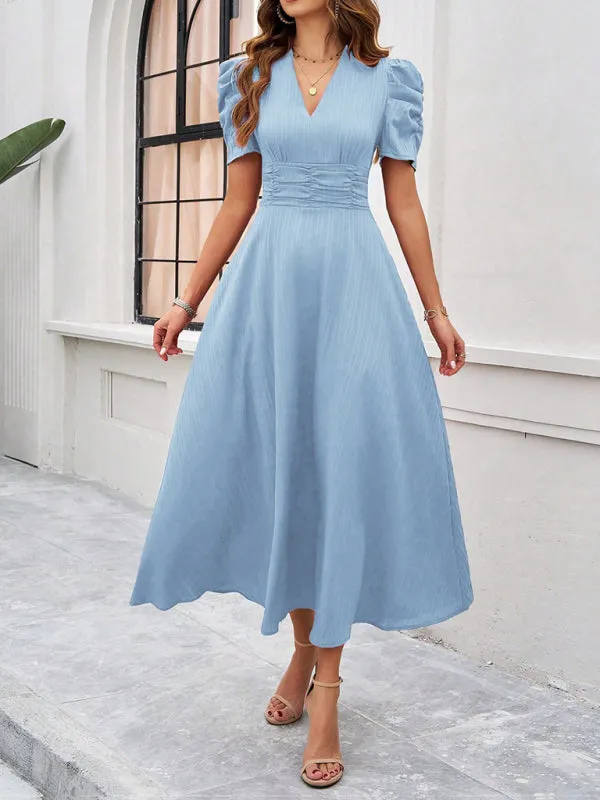 V-Neck Midi Dress with Puff Sleeves and Ruched Waist