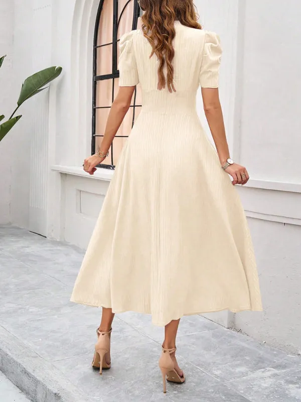V-Neck Midi Dress with Puff Sleeves and Ruched Waist