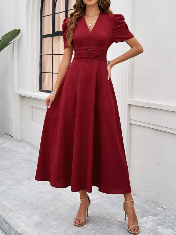 V-Neck Midi Dress with Puff Sleeves and Ruched Waist