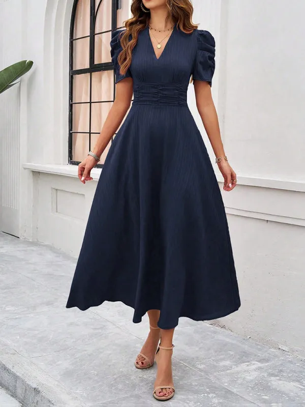 V-Neck Midi Dress with Puff Sleeves and Ruched Waist